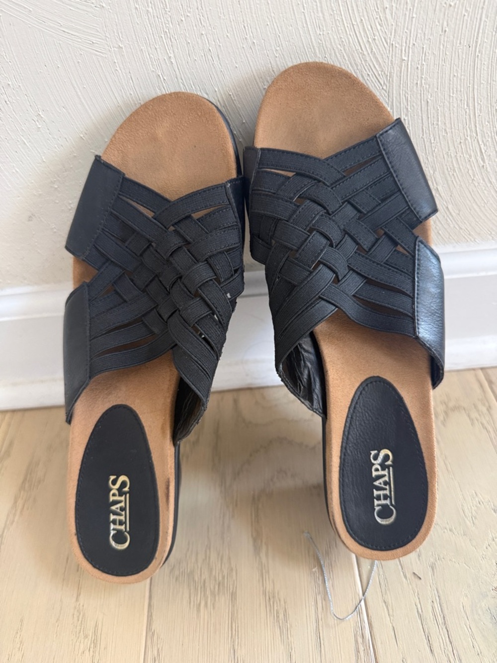 NWOT Chaps Black Woven Slip-On Mules